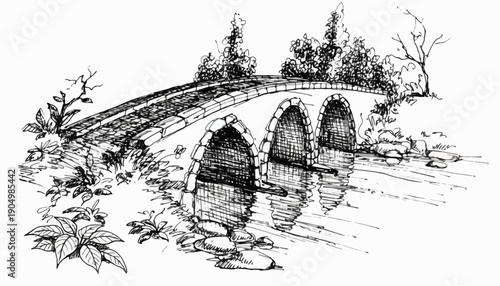 A serene landscape featuring an old stone bridge spanning a tranquil river surrounded by lush foliage and trees under a clear sky kDBkc.