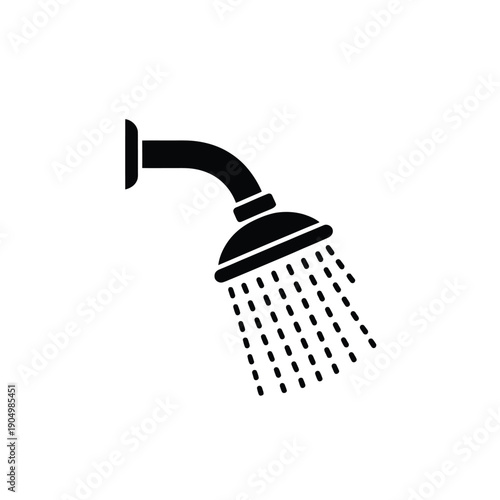 A simple black and white illustration of a showerhead with flowing water droplets isolated on white background, Vector, illustration