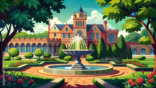 Very beautiful fountain and ornamental gardens at Princeton University, creating a refined academic landscape that blends natural beauty with historic campus design.