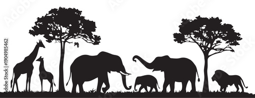 African savannah animals silhouette at sunrise with trees giraffe elephant lion
