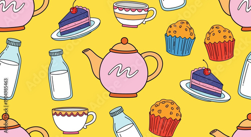Assorted pastries and beverages, including cakes and teapots, arranged in a vibrant pattern on a bright surface