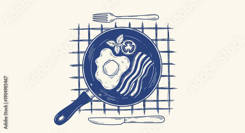 Illustration of a plate with a fried egg and sauce on a grid-patterned placemat with utensils
