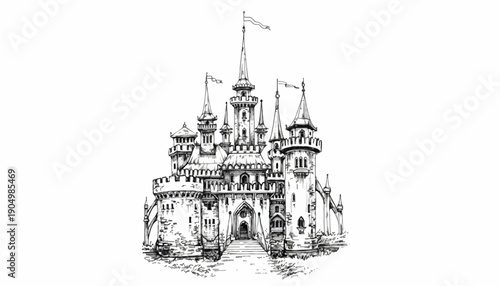 A majestic castle stands proudly in a serene landscape under a sunny sky with towers and a grand entrance gate.