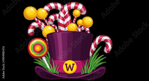 A vibrant purple top hat adorned with candy canes and colorful sweets on a lush green grassy surface