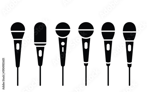 Collection of various microphone designs in black and white illustration isolated on white background, Vector, illustration