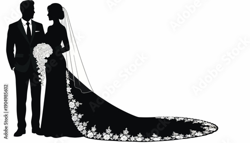 Black silhouette illustration of a groom and bride standing together in wedding attire with floral details on the veil and bouquet