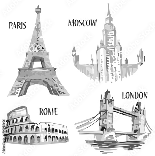 Monumental city landmarks featuring Eiffel Tower, Kremlin, Colosseum, and Tower Bridge in Paris, Moscow, Rome, and London.