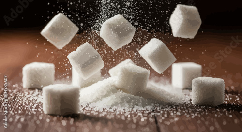 Sugar cubes falling on a pile of sugar on a wooden table top view with sugar dust in the air