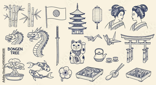 Collection of traditional Japanese elements including landmarks, culture, and symbols illustrated in a simple style from a frontal viewpoint.