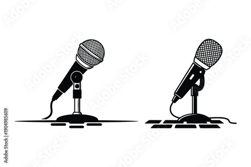 Vintage and Modern Microphones on Stands, Black and White Icons