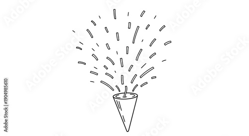 Black and white illustration of a party popper exploding with confetti from a top view