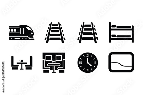 Travel and Accommodation Icons: Train, Beds, and Clock