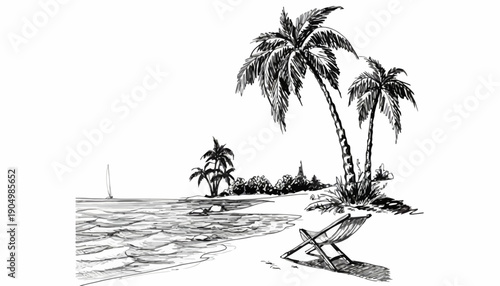 Serene tropical beach scene with palm trees, lounge chair, and sailboat in the distance, viewed from a relaxed perspective, kDBkc (127).ai