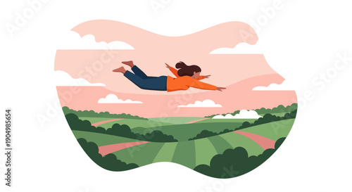A woman jumping over a serene landscape with rolling hills and green fields under a cloudy sky