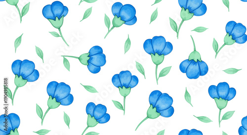 A serene pattern of blue flowers and leaves on a clean background viewed from directly above