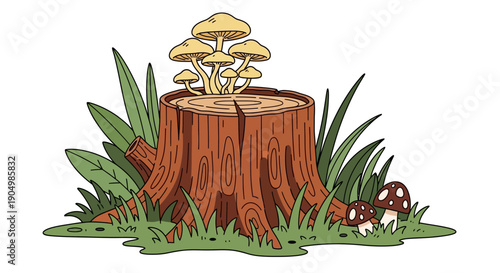 A vibrant illustration of a tree stump surrounded by lush greenery and mushrooms growing in a natural environment from a close-up viewpoint