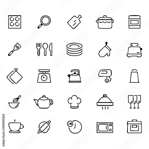 Clean and modern flat design vector illustration of kitchen, dining, and household icons in black, ideal for web, app, and print projects with a sleek aesthetic.