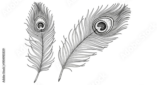 Illustration of peacock feathers displayed on a white background from a straightforward viewpoint.