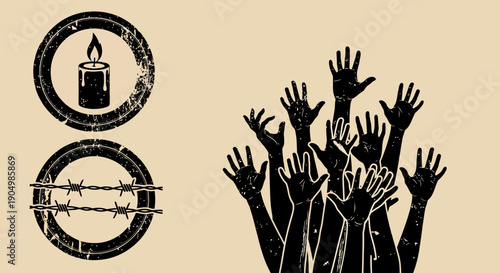 Illustration of raised hands breaking free, symbolizing freedom and protest through graphic elements