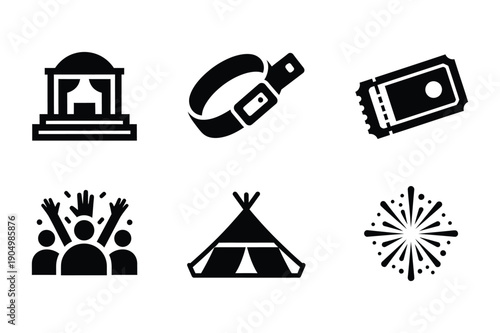 Event and Celebration Icons: Venue, Wristband, Ticket, Fireworks