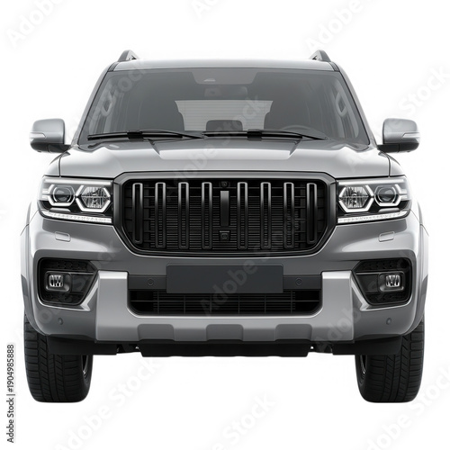 Modern black suv car front view with grill and headlights isolated on transparent background