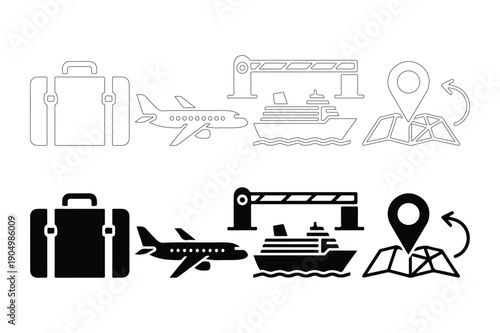 Travel Icons: Suitcase, Plane, Cruise Ship, Toll Booth, Map