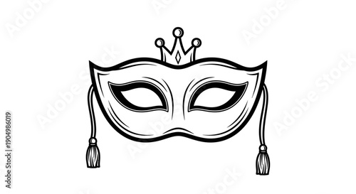 A black and white illustration of a crowned masquerade mask with tassels hanging from the sides, symbolizing mystery and disguise