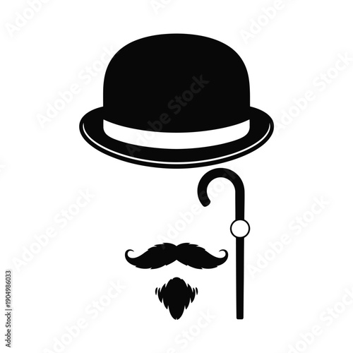 Elegant top hat and cane with mustache icon representing classic sophistication isolated on white background, Vector, illustration