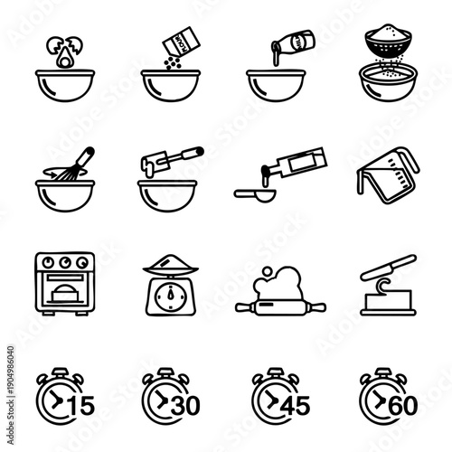 Vibrant collection of cooking and kitchen preparation icons featuring utensils, bowls, oven, and timers in a clean flat design style ideal for recipes and food apps.