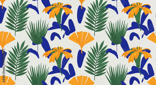 Vibrant tropical leaves and flowers pattern in a repeating design on a seamless background
