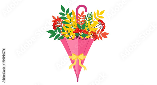 Vibrant bouquet of colorful leaves and flowers in a pink cone-shaped container, viewed from the front.