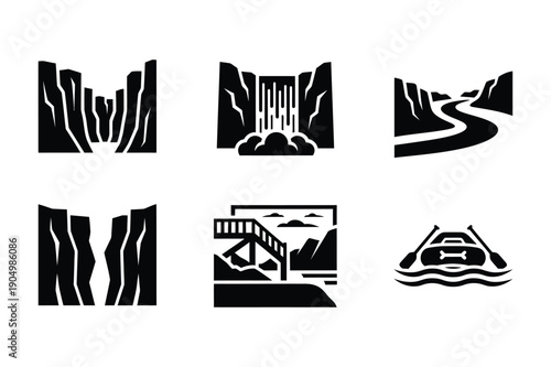 Nature Adventure Icons: Canyons, Waterfall, River, Rafting