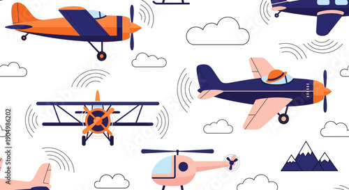 A collection of colorful airplanes and helicopters flying amidst clouds, showcasing various aviation elements in a whimsical scene from a bird's eye view