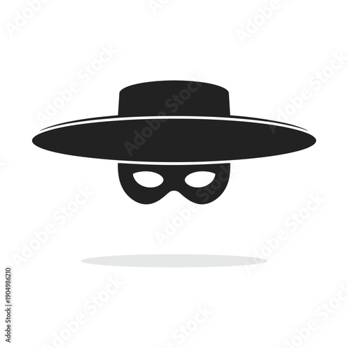 Mysterious figure wearing a wide-brimmed hat and mask with a shadowy silhouette isolated on white background, Vector, illustration