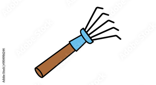 Simple illustration of a gardening tool with wooden handle and metal tines for weeding or cultivating soil, viewed from the side.