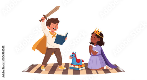 Illustration of a man and princess with a toy horse on a checkered floor from a front viewpoint