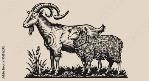 An illustration of a ram and sheep standing together in a grassy field, viewed from the side.