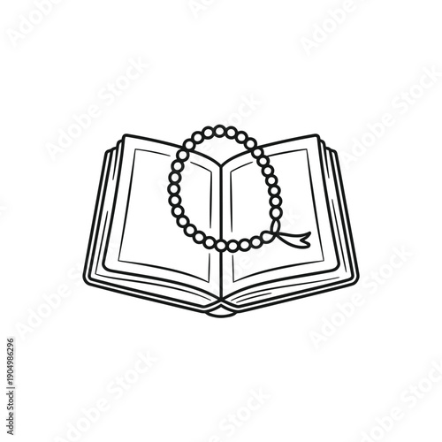 An open book with a rosary resting on top of its pages. isolated on white background, Vector, illustration