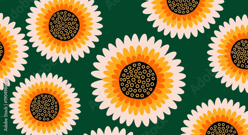 Vibrant sunflowers pattern on a green background viewed from directly above showcasing their bright orange and yellow petals