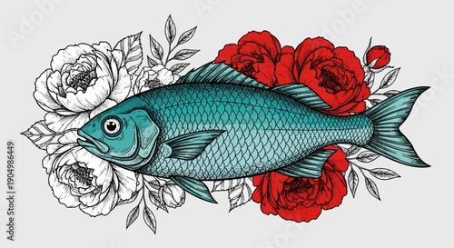 Illustration of a blue fish surrounded by red and white roses, showcasing a unique blend of aquatic and floral elements from a front viewpoint