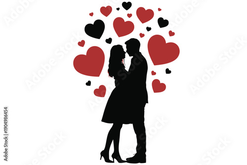 Couple embracing surrounded by a shower of red hearts symbolizing love and affection. isolated on white background, Vector, illustration