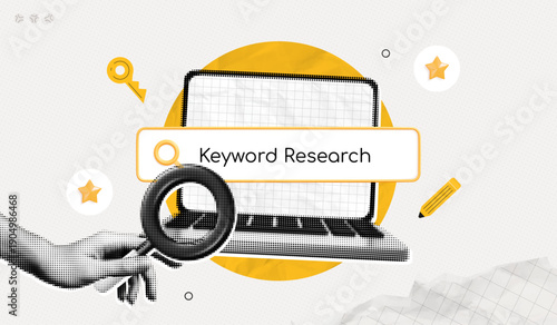 Trendy Halftone Collage Keyword Search. Hand holding magnifying glass to search website content by keywords. SEO marketing and advertising. Online Discovery. Contemporary vector illustration art