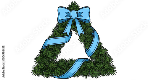 A festive green wreath adorned with a blue bow and ribbon, symbolizing celebration and decoration, viewed from the front