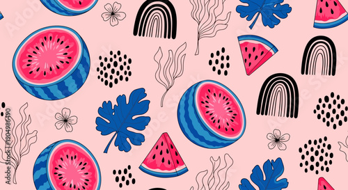 Vibrant Watermelon Pattern with Floral and Geometric Shapes in a Seamless Design