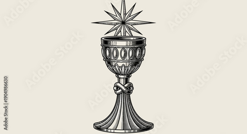 An ornate chalice with a decorative lid and starburst finial illustration on a plain background from a frontal viewpoint