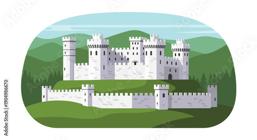 Majestic Castle Illustration on Rolling Green Hills under a Cloudy Sky