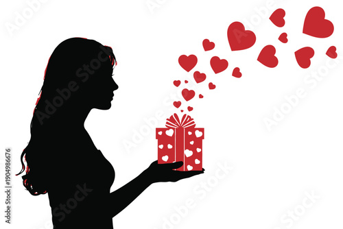 Woman holding a gift box with floating hearts symbolizing love and celebration isolated on white background, Vector, illustration
