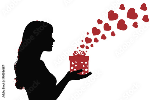 Woman holding a gift box with hearts floating out in celebration of love and giving isolated on white background, Vector, illustration