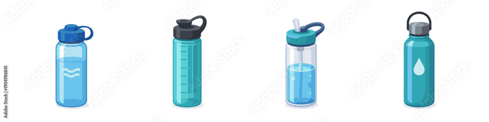Obraz premium Collection of four different reusable water bottles in various blue shades and designs