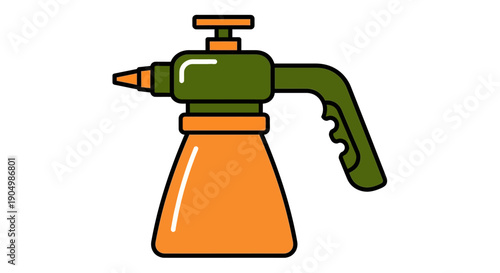 Illustration of a gardening sprayer with orange base and green handle on a white background viewed from the side